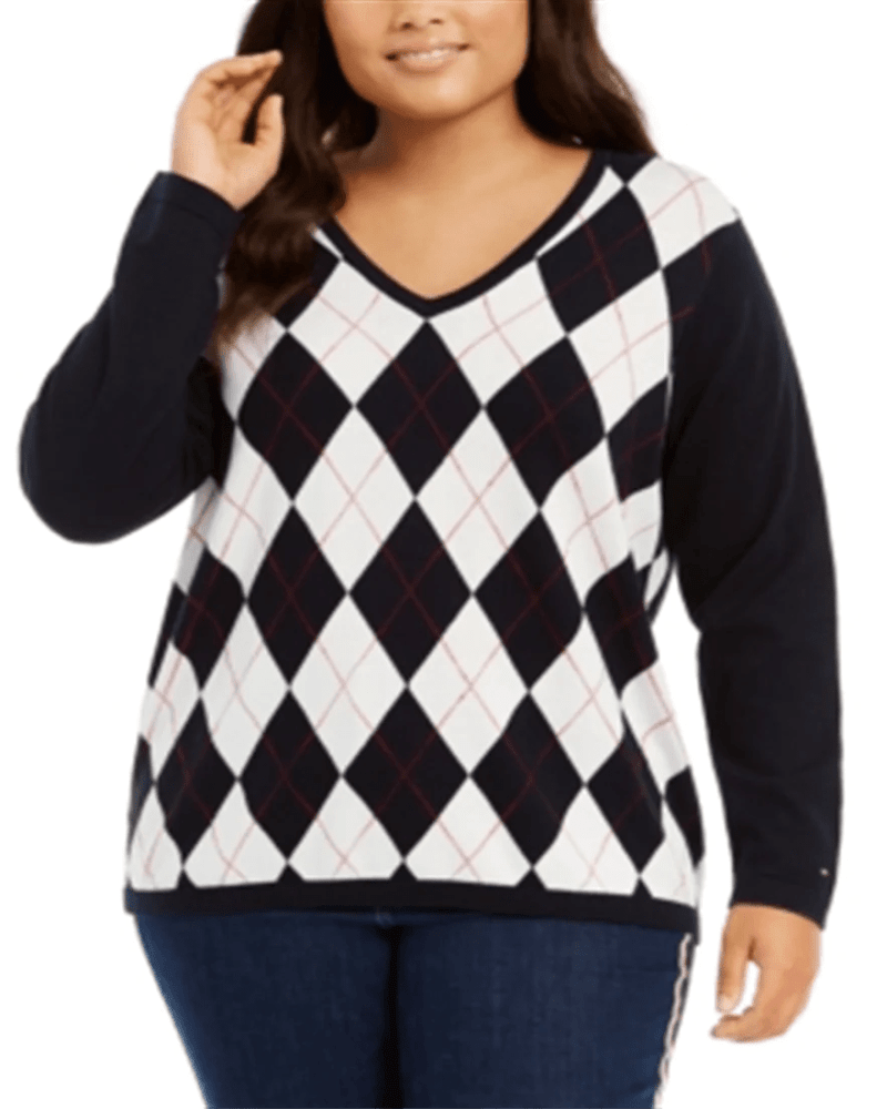 Front of a model wearing a size 0X Tommy Hilfiger Women's Plus Argyle Neck Pullover Top Navy Size 0X in Blue by Tommy Hilfiger. | dia_product_style_image_id:311551